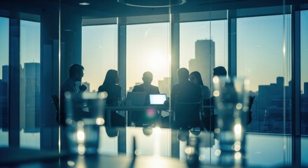 Business meeting silhouettes in modern office with cityscape view
