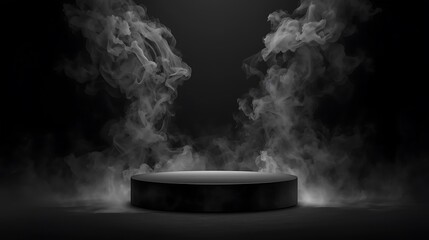 A black pedestal surrounded by smoke against a dark background for product presentation and display