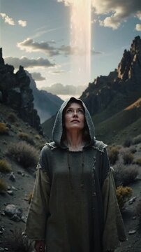 A solitary figure walks through a dark valley as a radiant beam descends, surrounding them with warmth, turning fear into peace through God&rsquo;s comforting presence.