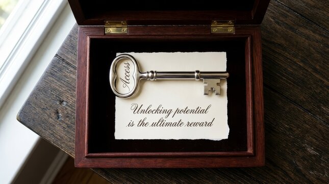 Ornate key labeled access in wooden box with inspirational quote