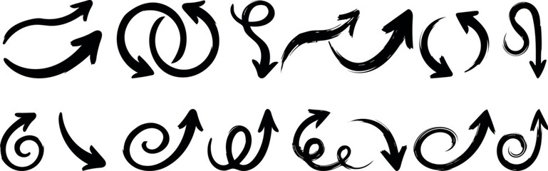 Hand Drawn Loopy and Swirled Marker Arrow Doodles, Creative Sketchy Arrows and Scribbled Directional Pointers