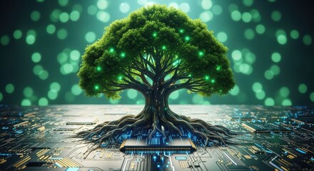 Digital tree with circuit board roots symbolizing eco-tech future.