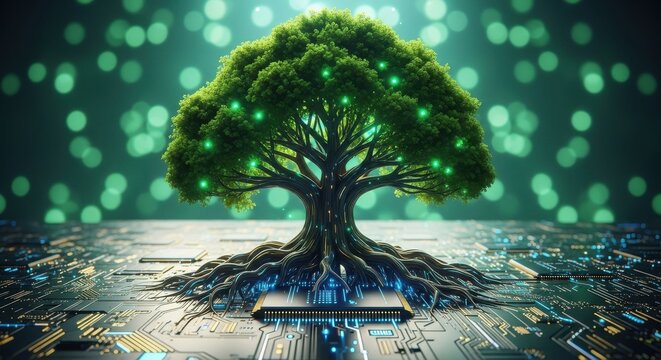 Digital tree with circuit board roots symbolizing eco-tech future.
