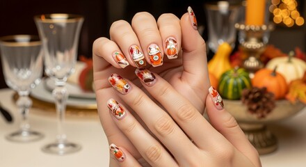 Close-up of festive fall-themed nail art, with autumnal colors, displayed on a table set for Thanksgiving dinner, creating a warm, inviting mood.
