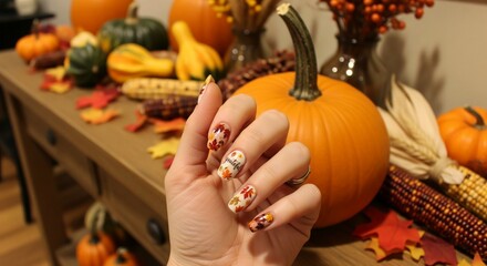 Close-up of a hand showing off Thanksgiving-themed nail art with a seasonal table display in warm, autumn colors.