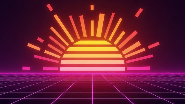 Glowing 80s Retrowave aesthetic digital landscape featuring vibrant neon sun and perspective grid floor.