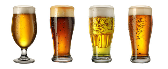 Four glasses of varying shades of beer against a dark background