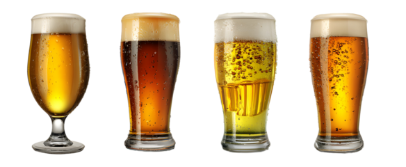 Four glasses of varying shades of beer against a dark background