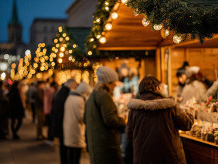 People Shopping at Outdoor Christmas Market Stalls with Warm String Lights in Winter Night