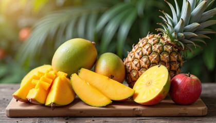 Fresh tropical fruits arranged on wooden cutting board