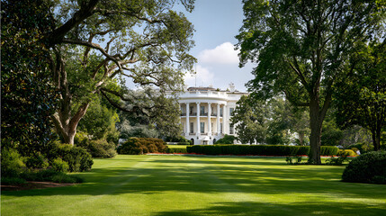 Obraz premium The white house south lawn viewed through lush trees on a sunny day
