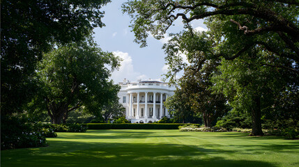 Obraz premium The white house viewed through lush green trees and manicured lawn