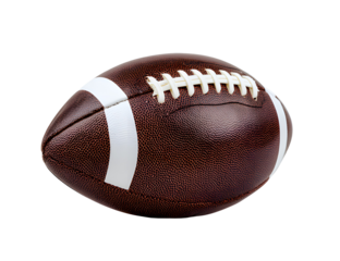 A classic brown american football with white stripes on black background