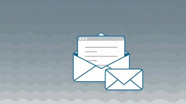 An email interface with a message, and two envelopes on gray waves