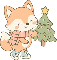 Smiling fox in a scarf and sneakers, standing next to a small decorated Christmas tree.