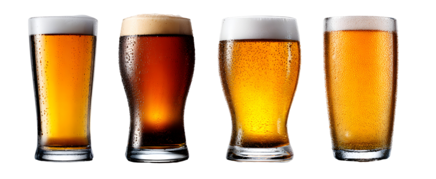 A collection of four different glasses filled with varying shades of beer