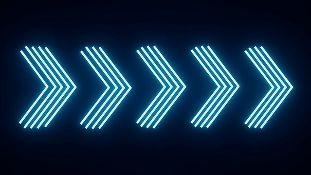 Bright cyan glowing neon arrows indicating movement and progress on a dark digital technology background.
