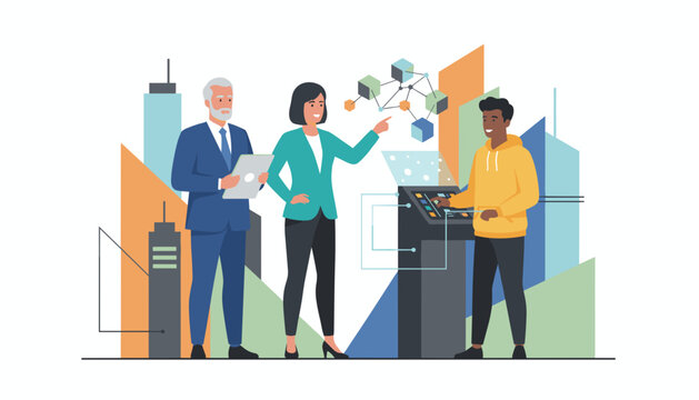 Diverse business team managing complex data network and urban technology systems