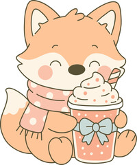 Fox in a polka dot scarf, happily hugging a hot cocoa cup with whipped cream and a blue bow.