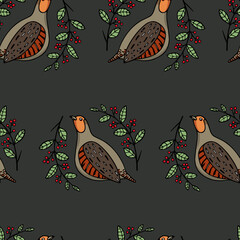 Vector seamless pattern with hand drawn cute Grey Partridge in floral wreath. Beautiful illustration, ink drawing. Perfect for prints and patterns