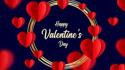Happy Valentine's Day Calligraphy Text with Red 3D Paper Hearts on Gold Circle Frame and Blue Background