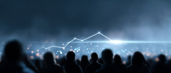 Silhouetted crowd watching futuristic glowing line graph with data points in dark blue digital environment