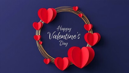 Happy Valentine's Day Calligraphy Text with Red 3D Paper Hearts on Gold Circle Frame and Blue Background