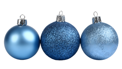 Three blue christmas ornaments with varying textures on a black background