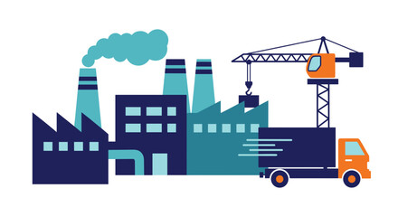 Obraz premium Manufacturing and logistics illustration with factory smoking chimneys crane and truck transport