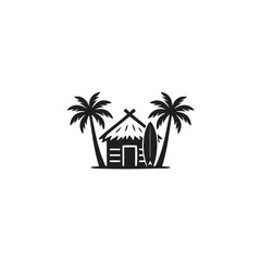 Obraz premium Simple black and white vector logo of a tropical beach hut or tiki shack between two palm trees with a surfboard leaning against the side
