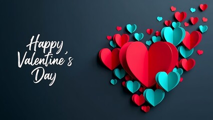 Happy Valentine's Day Greeting Card with Paper Cut Hearts on Black Background