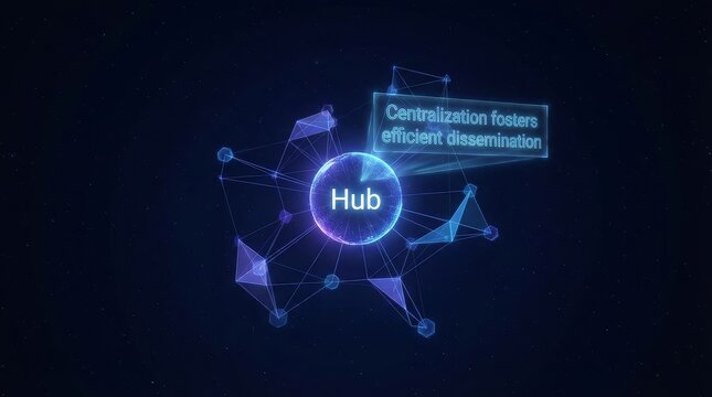 Centralized network hub with glowing connections disseminates data - Powered by Adobe