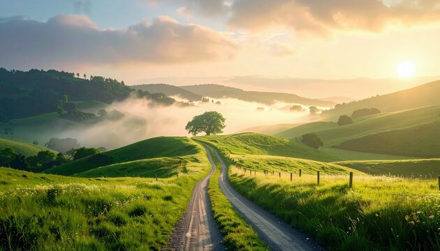 A dirt road winds through lush green hills, with a tree in the distance, under a beautiful sunrise with soft light and fog. - Powered by Adobe