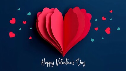 Red Paper Cut Heart with Happy Valentine's Day Calligraphy on Dark Blue Background
