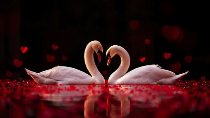 Romantic Pair of White Swans Forming a Heart Shape on Water with Glowing Red Bokeh Background for Valentine's Day
