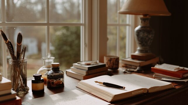 Desk with open notebook and pen beside window with natural light in cozy room setting