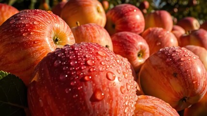 Closeup of freshly harvested red and yellow striped apples covered in morning dew or water droplets in an orchard - Powered by Adobe