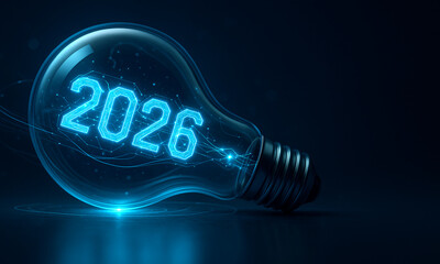 Futuristic Lightbulb with 2026 Glowing Filament, Generative AI