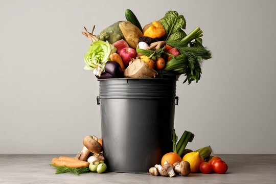 A Pile of Fresh Yet Unused Produce Overflowing from a Black Trash Bin Illustrating Food Waste Challenges in Modern Society
