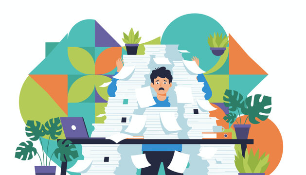 Overwhelmed businessman buried in paperwork Deadline stress bureaucracy and office chaos