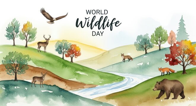 Vibrant watercolor landscape celebrating world wildlife day with diverse animals and lush greenery, promoting biodiversity and conservation efforts - Powered by Adobe