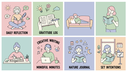 Cute vector illustrations for mindful habits journaling reflection gratitude and personal development