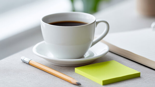 White ceramic cup filled with black coffee on saucer with pencil, sticky notes, and notebook on table in soft natural light - Powered by Adobe