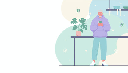 Relaxed senior man uses smartphone at home Flat vector illustration for technology and lifestyle