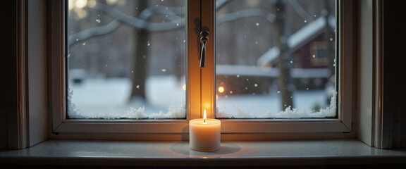 Candle glowing on windowsill with snowy landscape outside  