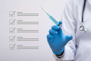 Medical professional holding a syringe with checklist icon, illustrating vaccination, healthcare preparation, medical safety, and clinical procedures in a clean and professional environment.