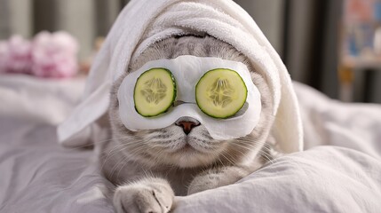 Portrait of a cute gray cat wearing a sheet mask and cucumber slices for beauty treatment