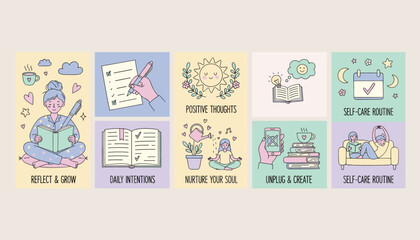 Cute selfcare routine icons journaling mindfulness relaxation and mental wellness activities