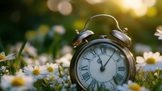 Video A clock sits in the midst of a vibrant flower field, perfect for use in articles about time, nature, or nostalgic scenes