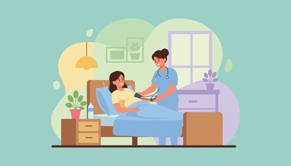 Professional nurse checks happy patients blood pressure in hospital room Healthcare service